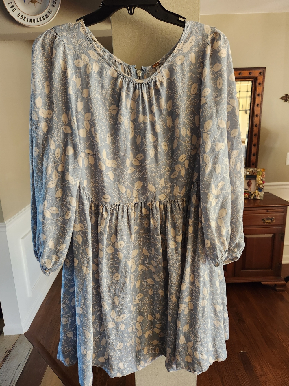 Free People Blue and Cream Floral Long Sleeve Dress Zips In The Back